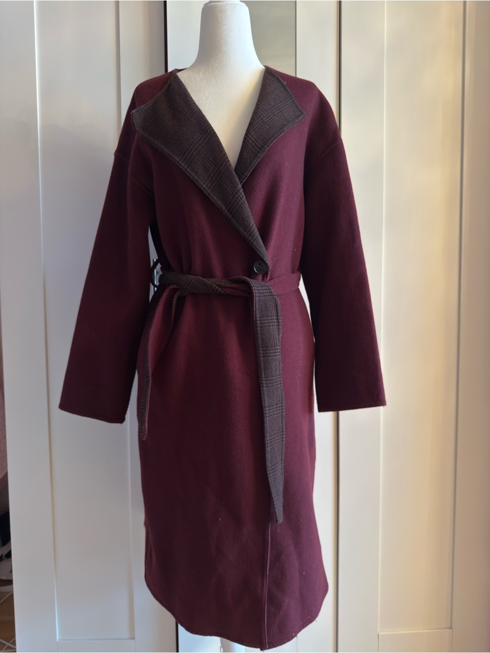 UNIQLO Burgundy Wrap Wool Trench Coat with Plaid Trim